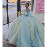 Sky Blue Off-Shoulder Ball Gown Sparkling Lace Applique & Beaded Tulle Quinceanera Dress for Sweet 16 & Princess Parties